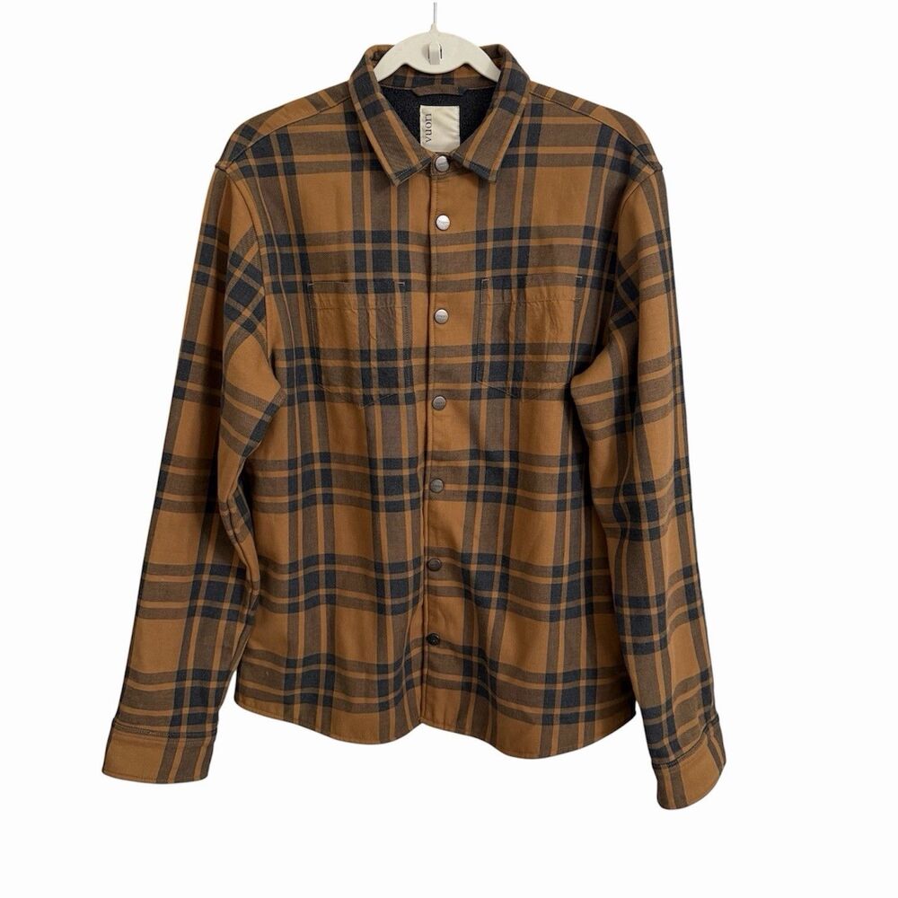 Vuori Range Shirt Jacket Mens Large Brown Plaid Flannel Snap Fleece Shacket